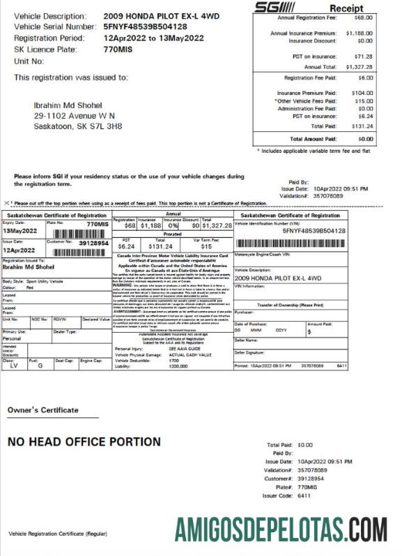 Exemplo de Certificado de Registro de Veículo do Canadá Saskatchewan